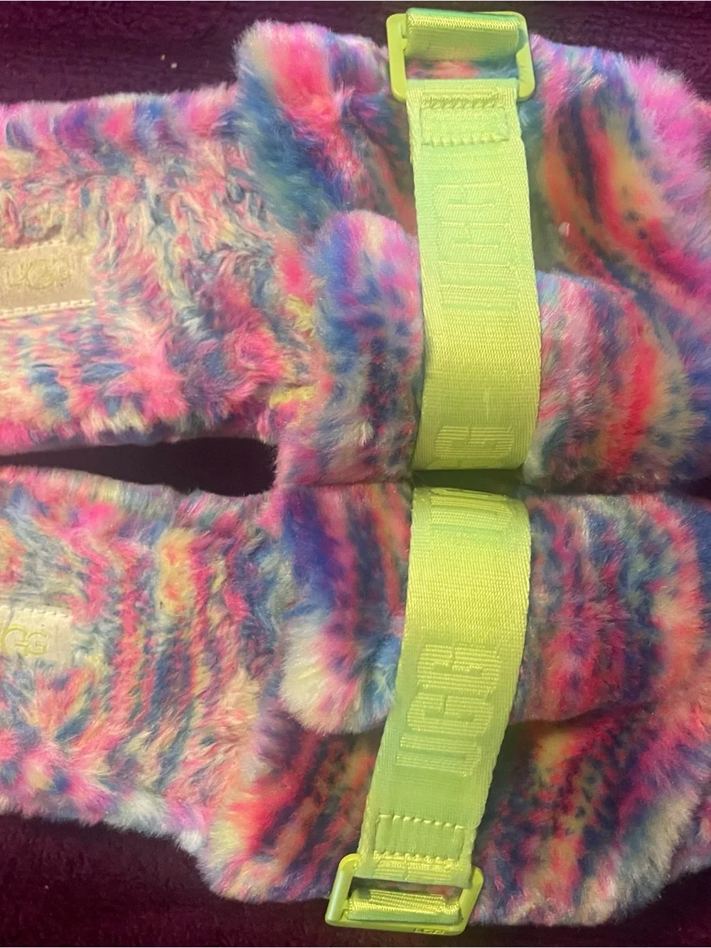 UGG Rainbow Faux-Fur Slide Sandals with Neon Strap